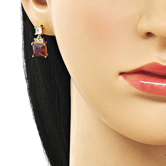 Oro Laminado Stud Earring, Gold Filled Style with White and Garnet Cubic Zirconia, Polished, Golden Finish