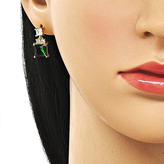 Oro Laminado Stud Earring, Gold Filled Style with Green and White Cubic Zirconia, Polished, Golden Finish