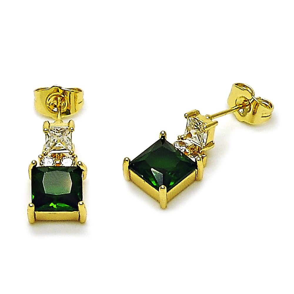 Oro Laminado Stud Earring, Gold Filled Style with Green and White Cubic Zirconia, Polished, Golden Finish