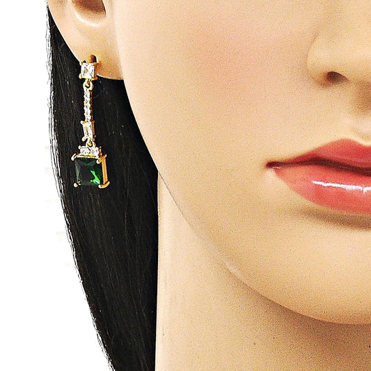 Oro Laminado Long Earring, Gold Filled Style Baguette Design, with Green and White Cubic Zirconia, Polished, Golden Finish