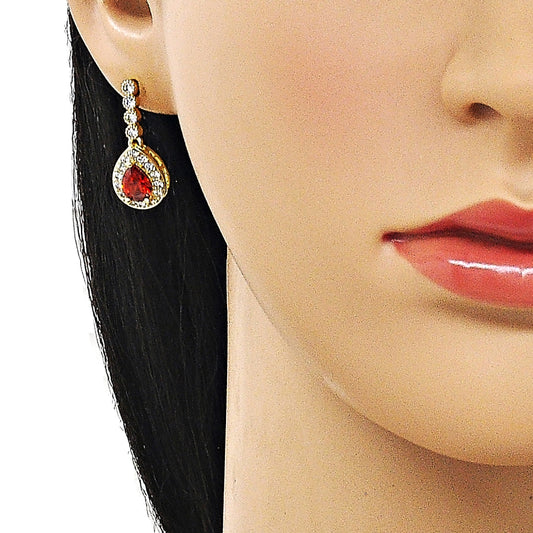 Oro Laminado Long Earring, Gold Filled Style Cluster and Teardrop Design, with Garnet and White Cubic Zirconia, Polished, Golden Finish