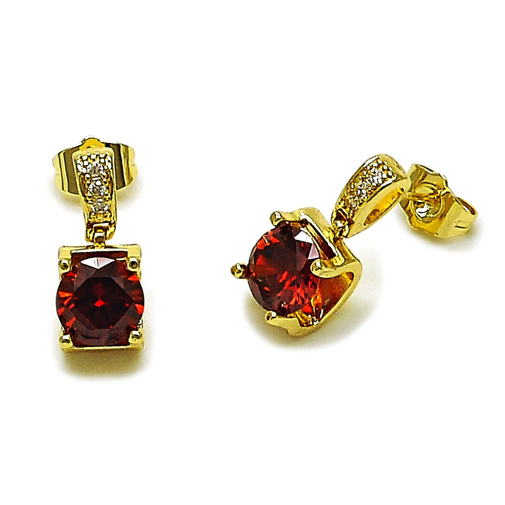 Oro Laminado Stud Earring, Gold Filled Style with Garnet Cubic Zirconia and White Micro Pave, Polished, Golden Finish
