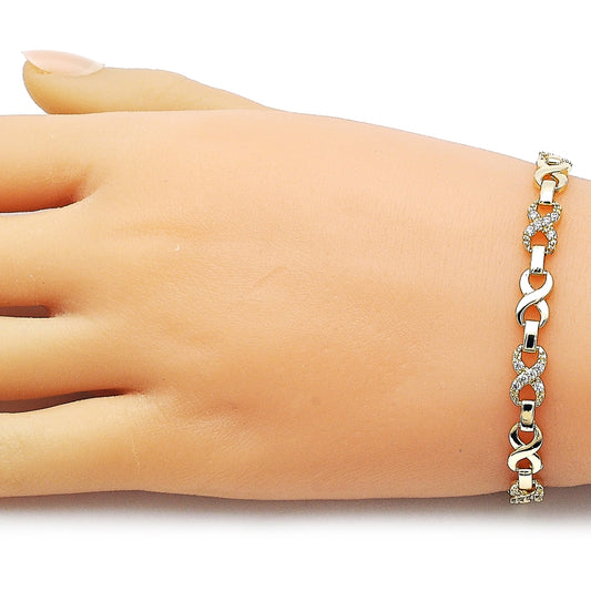 Oro Laminado Fancy Bracelet, Gold Filled Style Infinite Design, with White Cubic Zirconia, Polished, Golden Finish