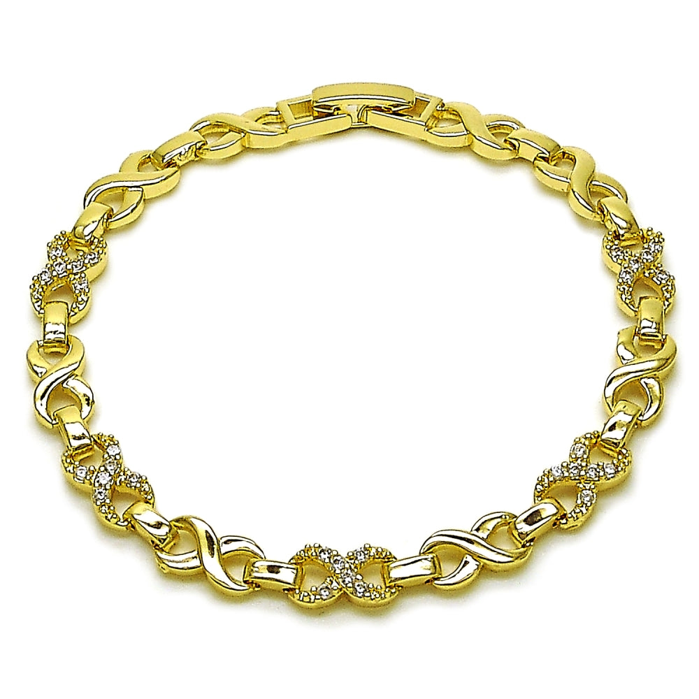 Oro Laminado Fancy Bracelet, Gold Filled Style Infinite Design, with White Cubic Zirconia, Polished, Golden Finish