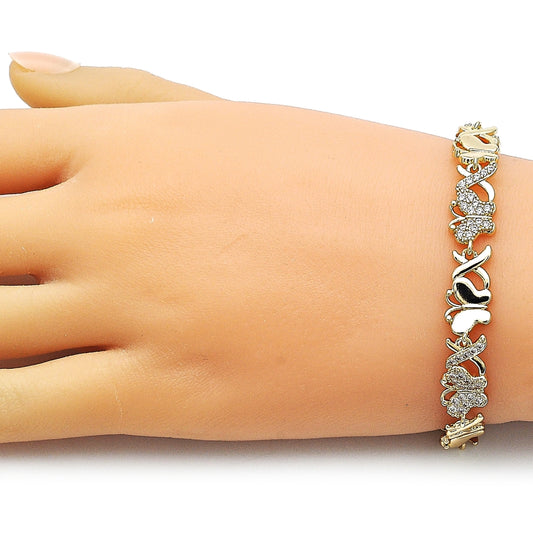 Oro Laminado Fancy Bracelet, Gold Filled Style Hugs and Kisses and Butterfly Design, with White Cubic Zirconia, Polished, Golden Finish