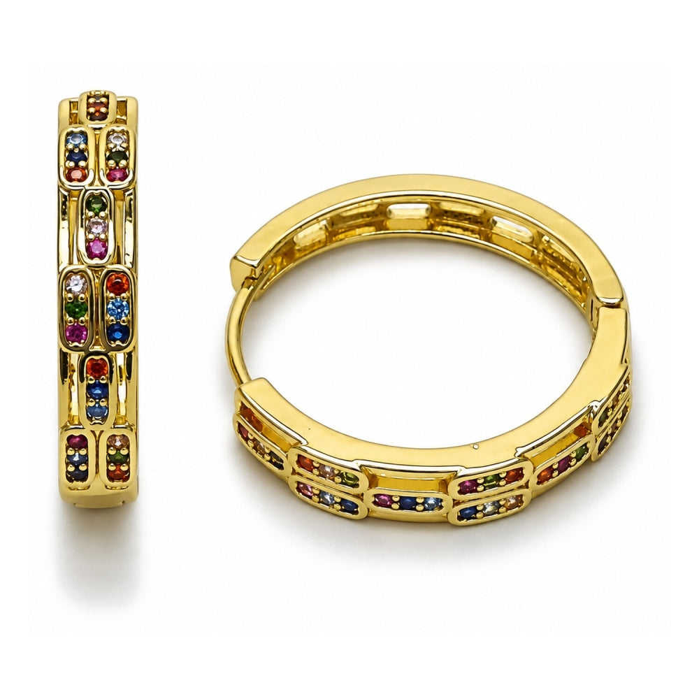 Oro Laminado Huggie Hoop, Gold Filled Style with Multicolor Micro Pave, Polished, Golden Finish