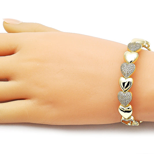 Oro Laminado Individual Bangle, Gold Filled Style Heart Design, with White Micro Pave, Polished, Tricolor