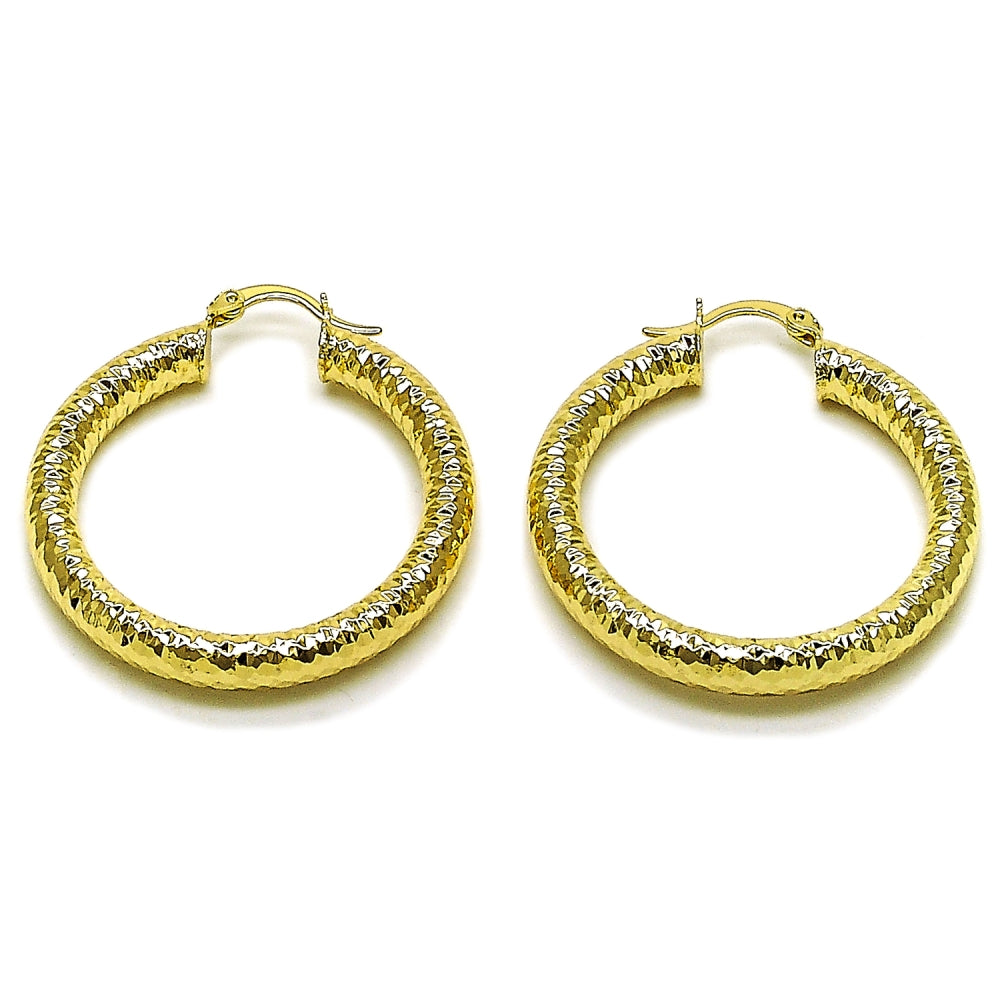 Oro Laminado Medium Hoop, Gold Filled Style Hollow Design, Diamond Cutting Finish, Golden Finish