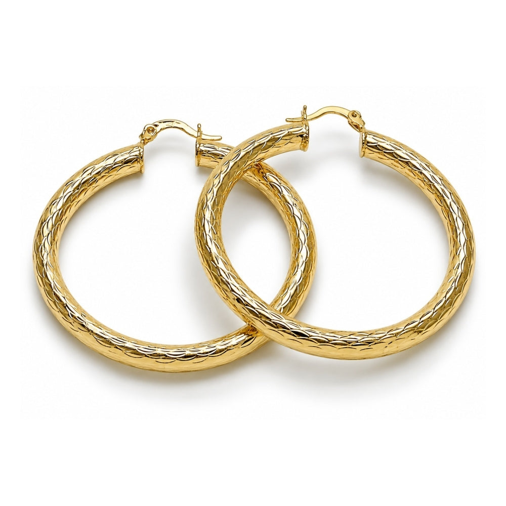 Oro Laminado Medium Hoop, Gold Filled Style Hollow Design, Diamond Cutting Finish, Golden Finish