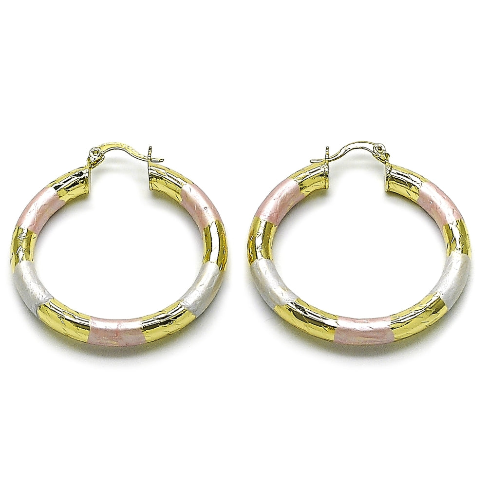 Oro Laminado Medium Hoop, Gold Filled Style Hollow Design, Diamond Cutting Finish, Tricolor
