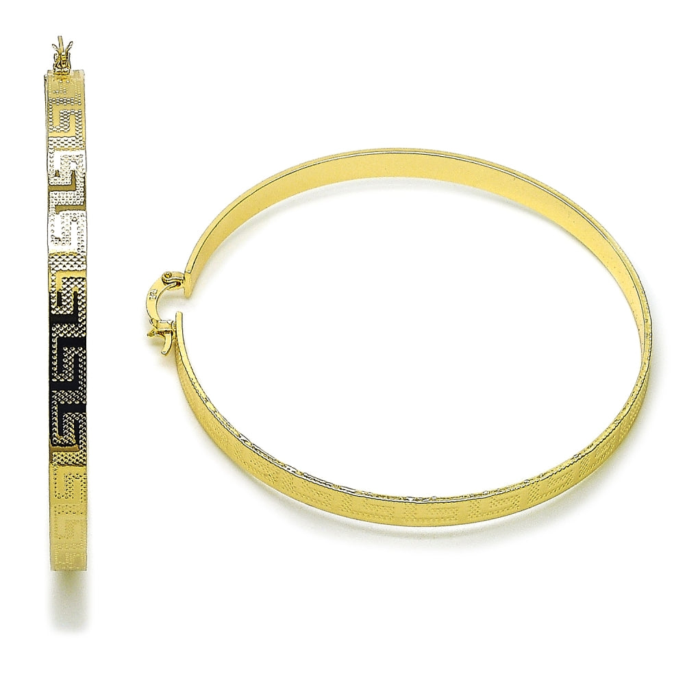 Oro Laminado Extra Large Hoop, Gold Filled Style Greek Key Design, Diamond Cutting Finish, Golden Finish