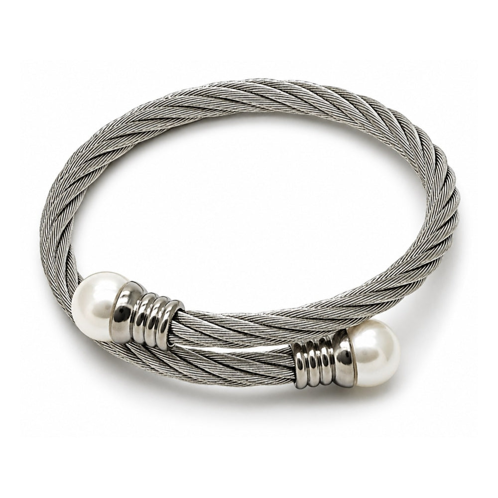 Stainless Steel Individual Bangle, Twist and Ball Design, with Ivory Pearl, Polished, Steel Finish