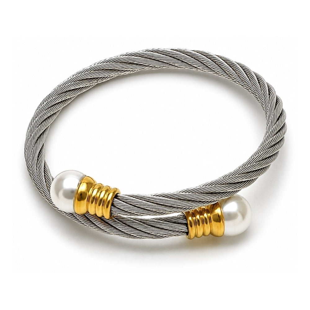 Stainless Steel Individual Bangle, Twist and Ball Design, with Ivory Pearl, Polished, Two Tone
