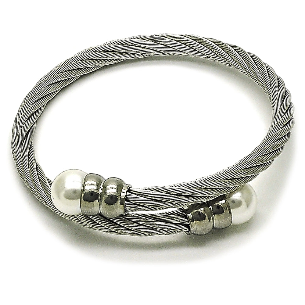Stainless Steel Individual Bangle, Twist and Ball Design, with Ivory Pearl, Polished, Steel Finish