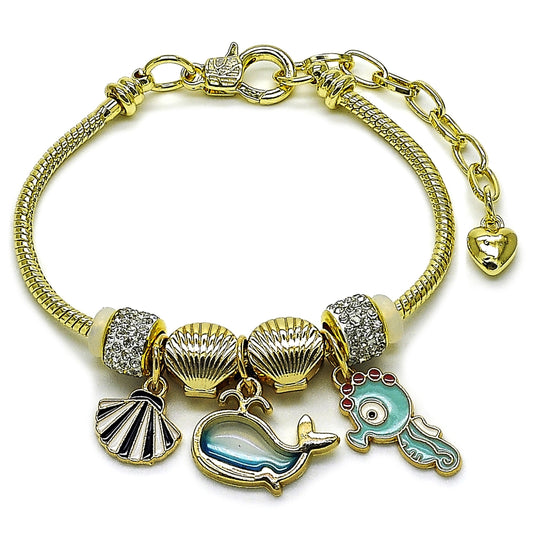 Oro Laminado Charm Bracelet, Gold Filled Style Shell and Dolphin Design, with White Crystal, Turquoise Enamel Finish, Golden Finish