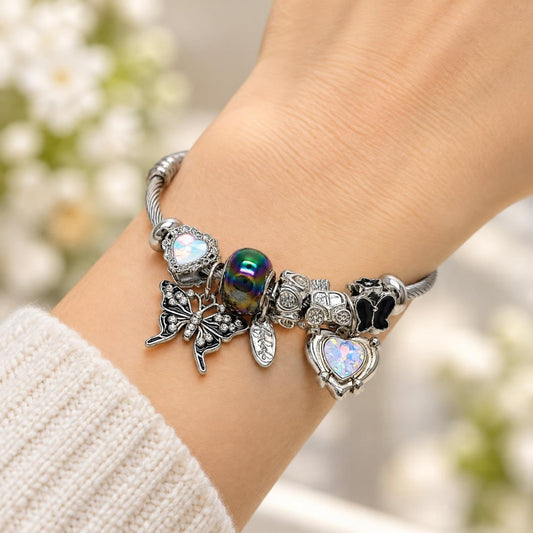 Stainless Steel Individual Bangle, Butterfly and Heart Design, with Aurore Boreale and White Crystal, Black Enamel Finish, Steel Finish