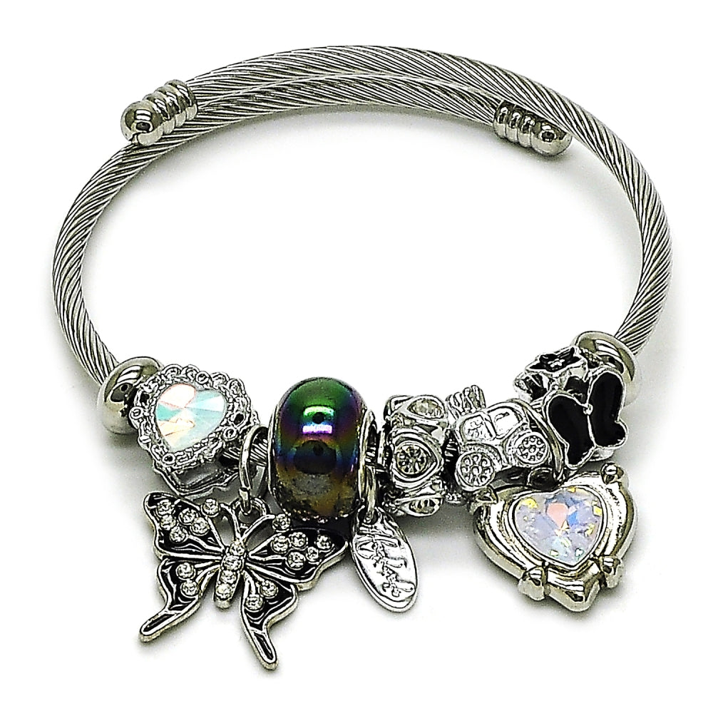 Stainless Steel Individual Bangle, Butterfly and Heart Design, with Aurore Boreale and White Crystal, Black Enamel Finish, Steel Finish