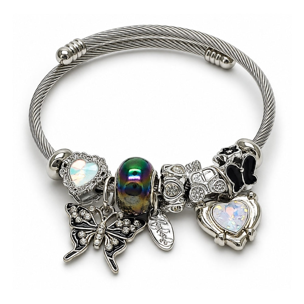 Stainless Steel Individual Bangle, Butterfly and Heart Design, with Aurore Boreale and White Crystal, Black Enamel Finish, Steel Finish
