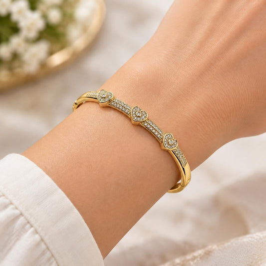 Oro Laminado Individual Bangle, Gold Filled Style Heart Design, with White Micro Pave and White Cubic Zirconia, Polished, Golden Finish