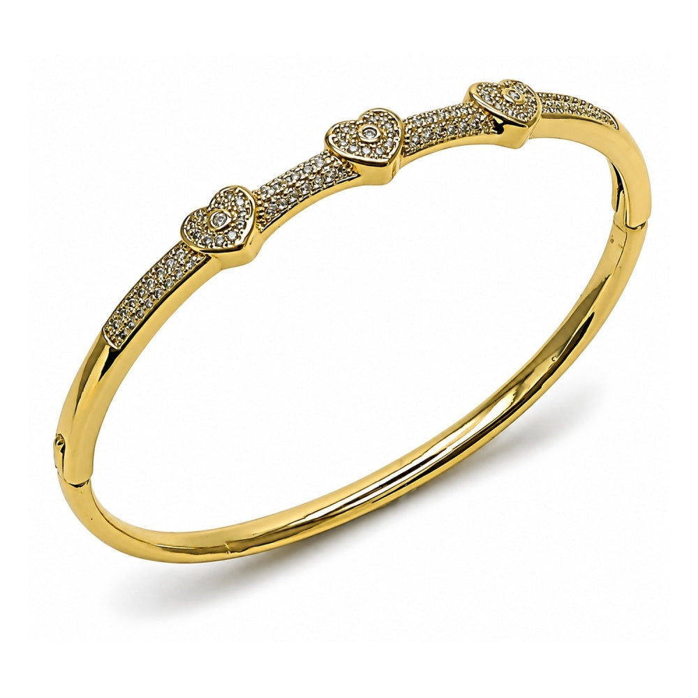 Oro Laminado Individual Bangle, Gold Filled Style Heart Design, with White Micro Pave and White Cubic Zirconia, Polished, Golden Finish