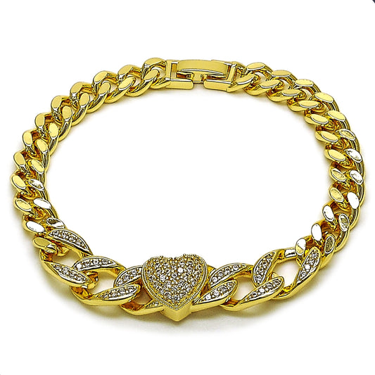 Oro Laminado Fancy Bracelet, Gold Filled Style Heart and Miami Cuban Design, with White Cubic Zirconia and White Micro Pave, Polished, Golden Finish