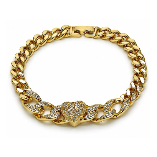 Oro Laminado Fancy Bracelet, Gold Filled Style Heart and Miami Cuban Design, with White Cubic Zirconia and White Micro Pave, Polished, Golden Finish