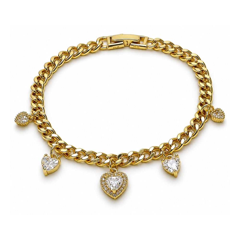 Oro Laminado Charm Bracelet, Gold Filled Style Heart and Miami Cuban Design, with White Cubic Zirconia and White Micro Pave, Polished, Golden Finish
