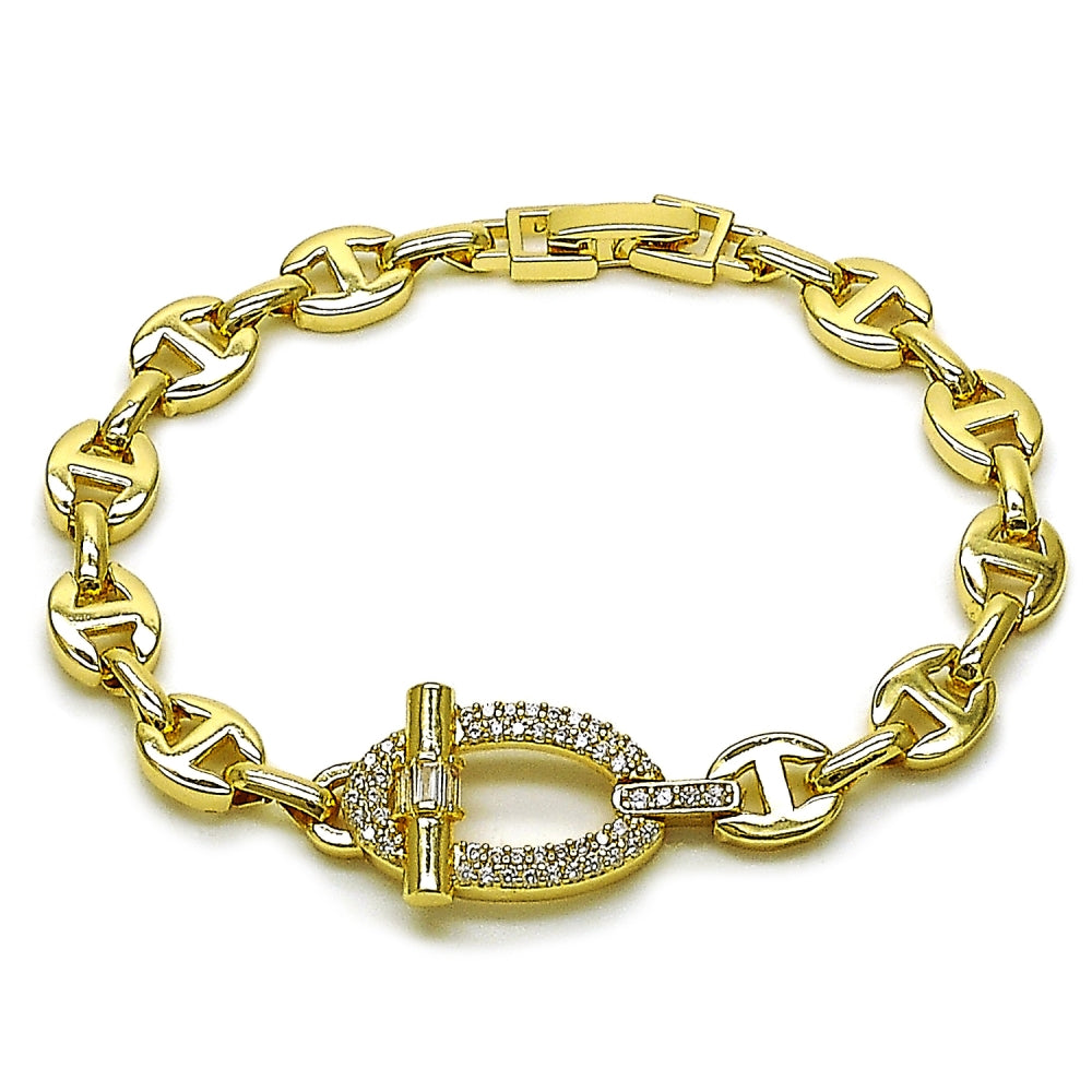 Oro Laminado Fancy Bracelet, Gold Filled Style Mariner and Puff Mariner Design, with White Micro Pave, Polished, Golden Finish