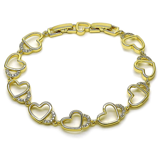 Oro Laminado Tennis Bracelet, Gold Filled Style Heart Design, with White Cubic Zirconia, Polished, Golden Finish