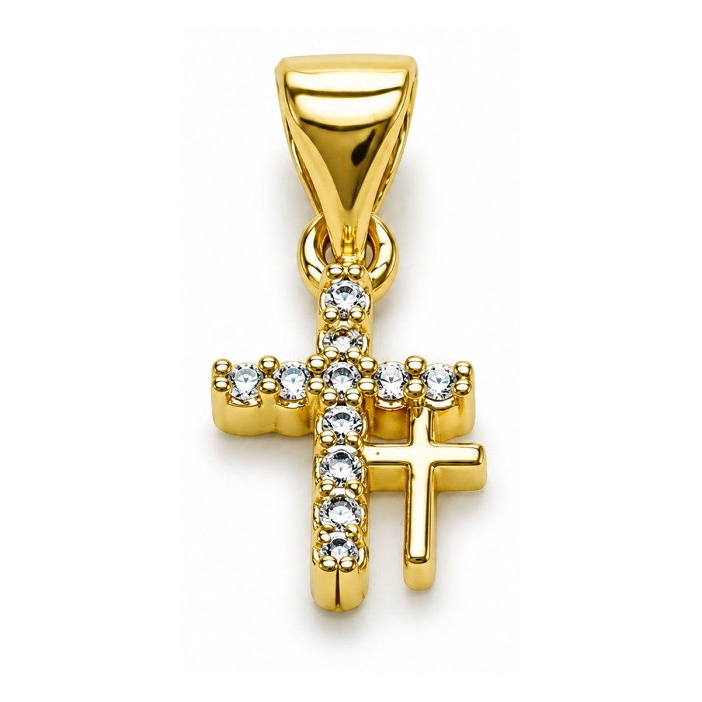 Oro Laminado Religious Pendant, Gold Filled Style Cross Design, with White Cubic Zirconia, Polished, Golden Finish