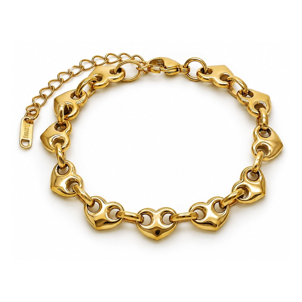 Stainless Steel Fancy Bracelet, Heart Design, Polished, Golden Finish