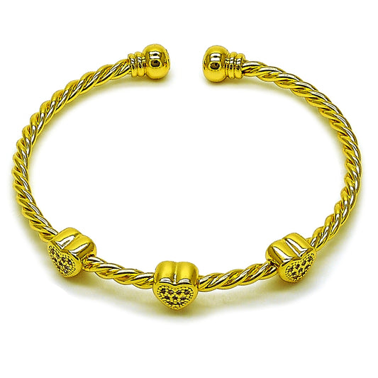 Oro Laminado Individual Bangle, Gold Filled Style Heart and Twist Design, with White Micro Pave, Polished, Golden Finish