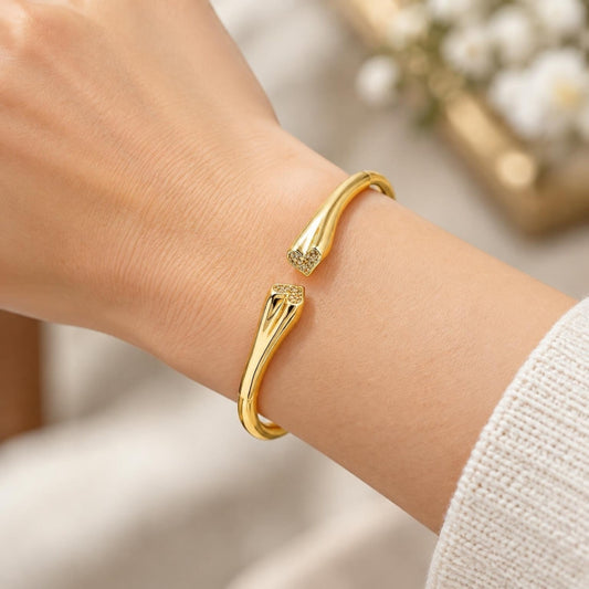 Oro Laminado Individual Bangle, Gold Filled Style Heart Design, with White Micro Pave, Polished, Golden Finish