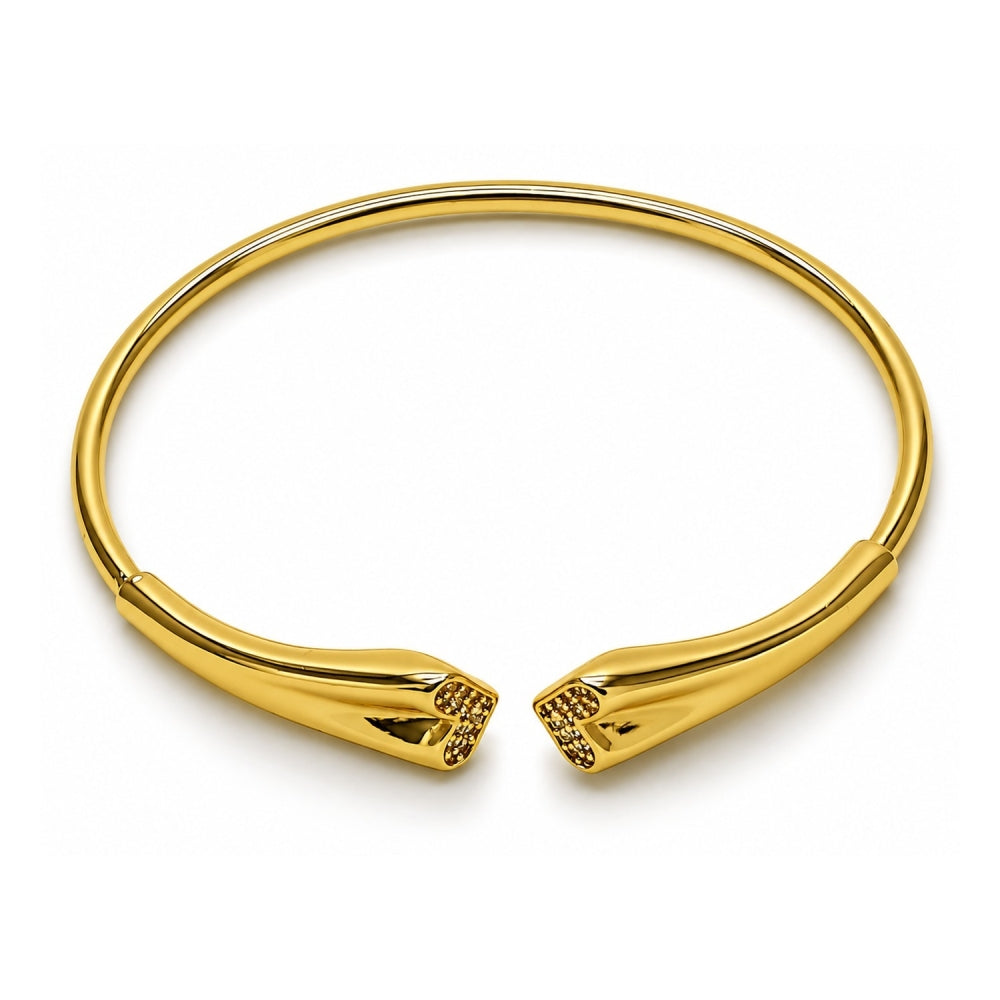 Oro Laminado Individual Bangle, Gold Filled Style Heart Design, with White Micro Pave, Polished, Golden Finish