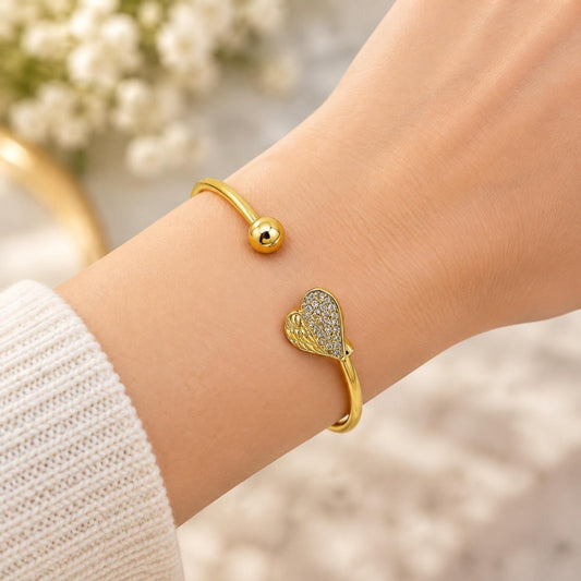 Oro Laminado Individual Bangle, Gold Filled Style Heart and Ball Design, with White Cubic Zirconia, Polished, Golden Finish