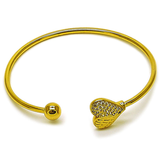 Oro Laminado Individual Bangle, Gold Filled Style Heart and Ball Design, with White Cubic Zirconia, Polished, Golden Finish