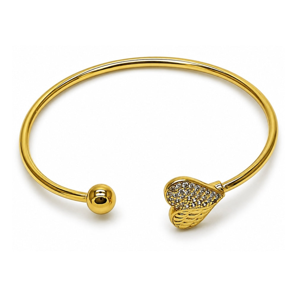 Oro Laminado Individual Bangle, Gold Filled Style Heart and Ball Design, with White Cubic Zirconia, Polished, Golden Finish