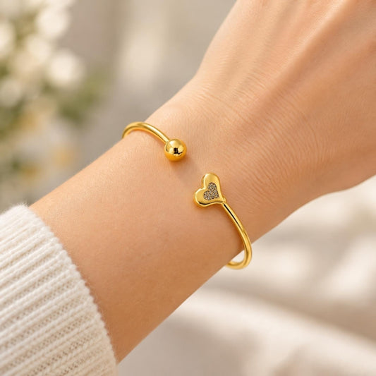 Oro Laminado Individual Bangle, Gold Filled Style Heart and Ball Design, with White Micro Pave, Polished, Golden Finish
