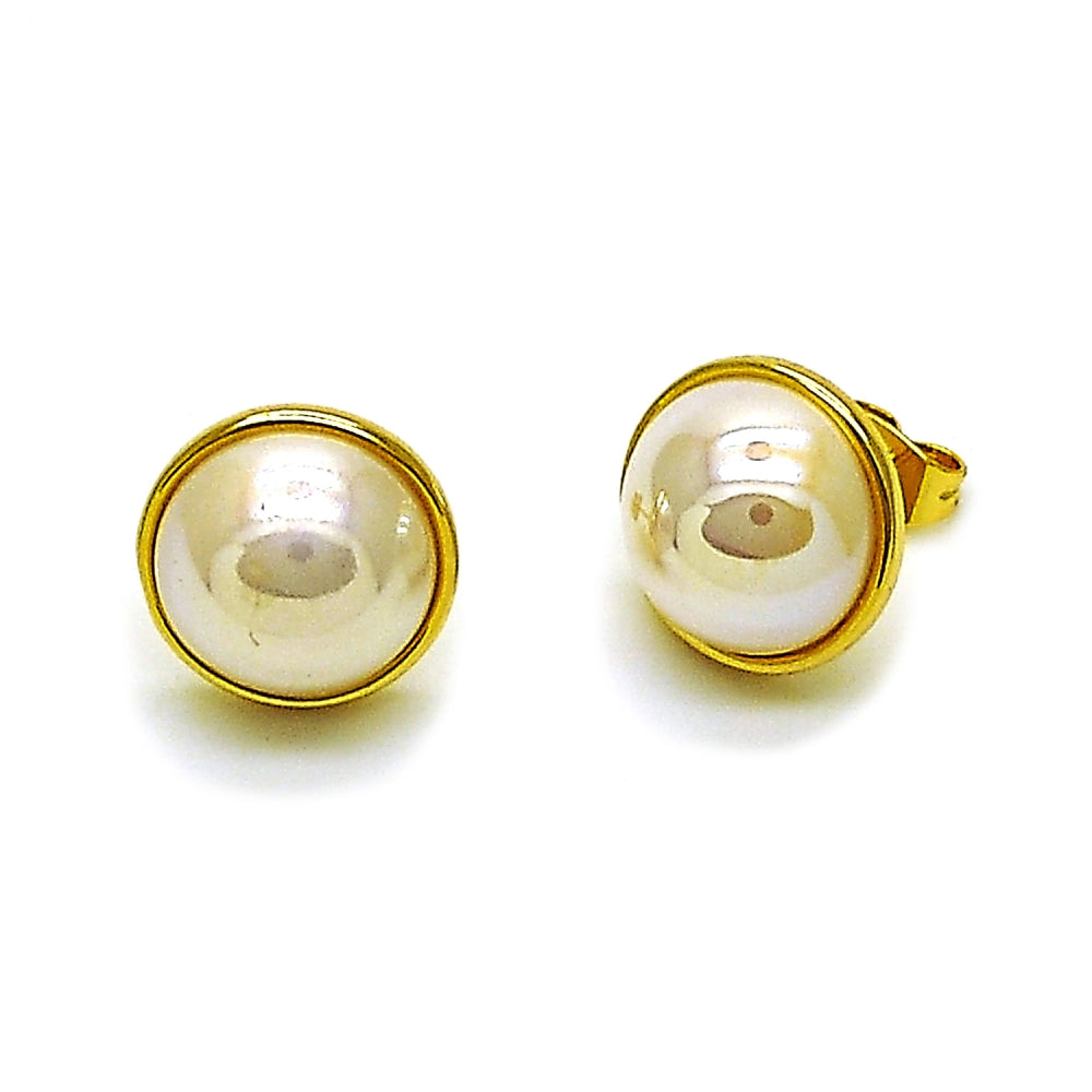 Oro Laminado Stud Earring, Gold Filled Style Ball Design, with Ivory Mother of Pearl, Polished, Golden Finish