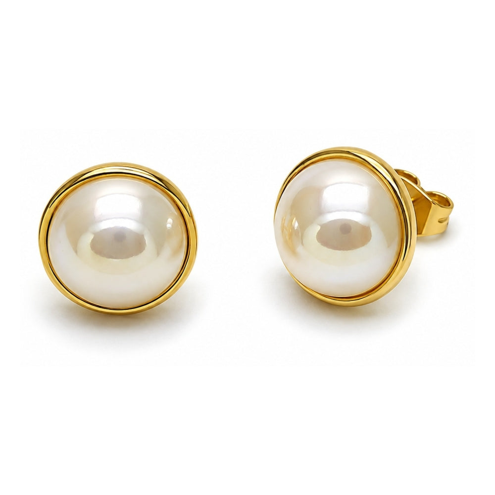 Oro Laminado Stud Earring, Gold Filled Style Ball Design, with Ivory Mother of Pearl, Polished, Golden Finish