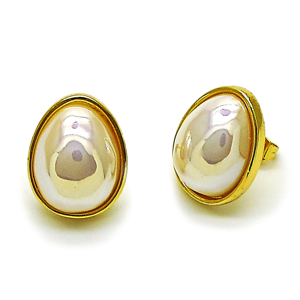 Oro Laminado Stud Earring, Gold Filled Style Teardrop Design, with Ivory Mother of Pearl, Polished, Golden Finish