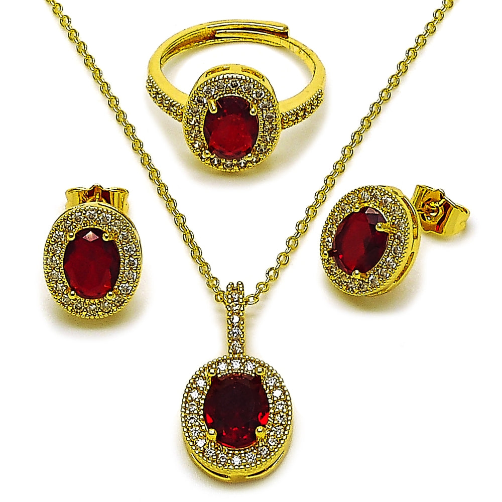 Oro Laminado Necklace, Earring and Ring, Gold Filled Style Cluster Design, with White and Garnet Cubic Zirconia, Polished, Golden Finish