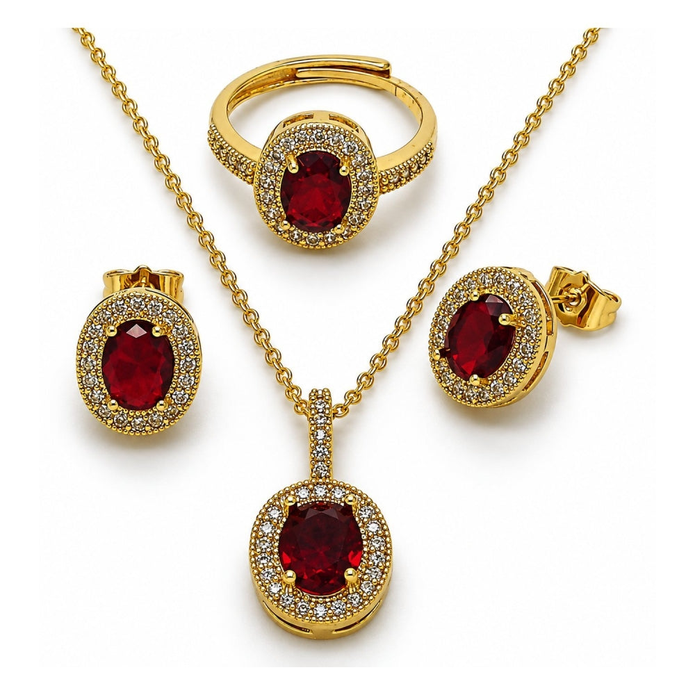 Oro Laminado Necklace, Earring and Ring, Gold Filled Style Cluster Design, with White and Garnet Cubic Zirconia, Polished, Golden Finish