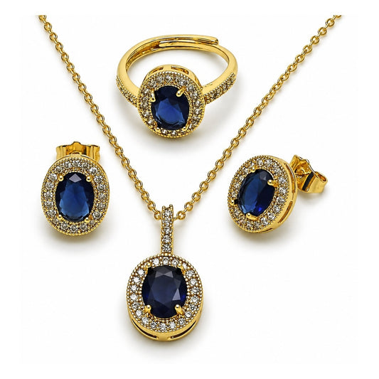 Oro Laminado Necklace, Earring and Ring, Gold Filled Style Cluster Design, with Sapphire Blue and White Cubic Zirconia, Polished, Golden Finish