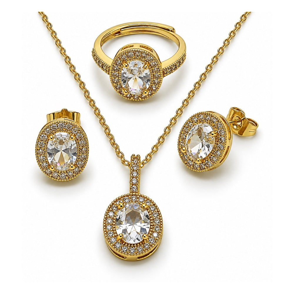 Oro Laminado Necklace, Earring and Ring, Gold Filled Style Cluster Design, with White Cubic Zirconia, Polished, Golden Finish