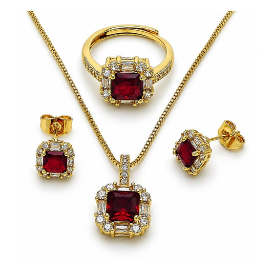 Oro Laminado Necklace, Earring and Ring, Gold Filled Style Cluster and Baguette Design, with Garnet and White Cubic Zirconia, Polished, Golden Finish