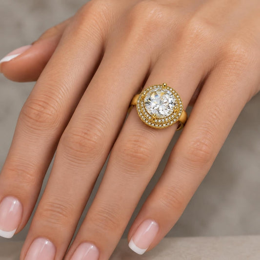 Oro Laminado Multi Stone Ring, Gold Filled Style Cluster Design, with White Cubic Zirconia and White Micro Pave, Polished, Golden Finish