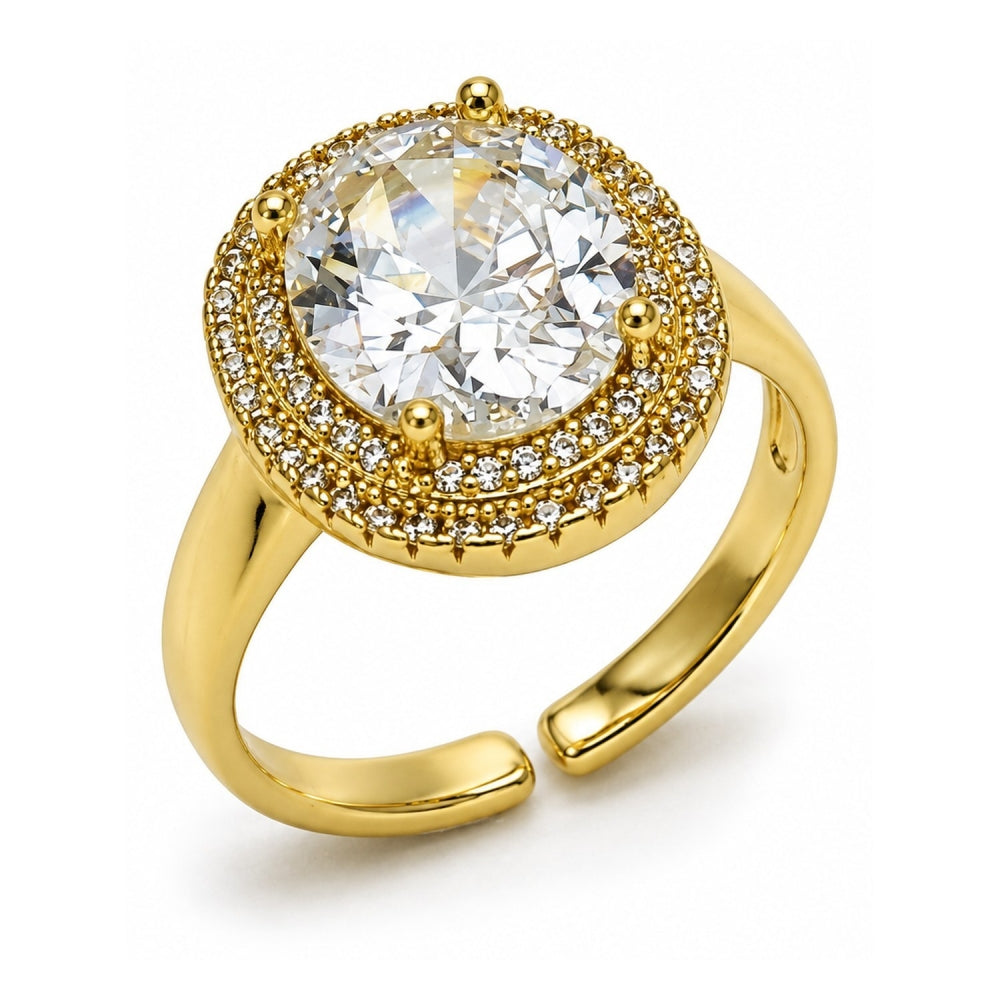 Oro Laminado Multi Stone Ring, Gold Filled Style Cluster Design, with White Cubic Zirconia and White Micro Pave, Polished, Golden Finish