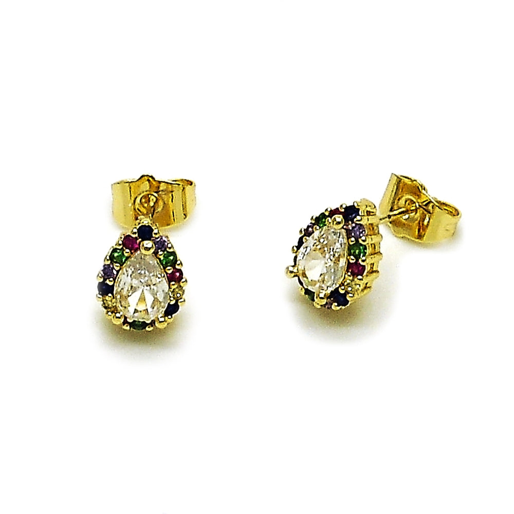 Oro Laminado Stud Earring, Gold Filled Style Teardrop and Cluster Design, with White and Multicolor Cubic Zirconia, Polished, Golden Finish
