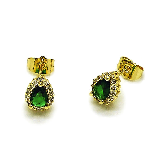 Oro Laminado Stud Earring, Gold Filled Style Teardrop and Cluster Design, with Green and White Cubic Zirconia, Polished, Golden Finish